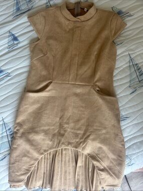 Women’s Suede Camel Pleated Hem Dress